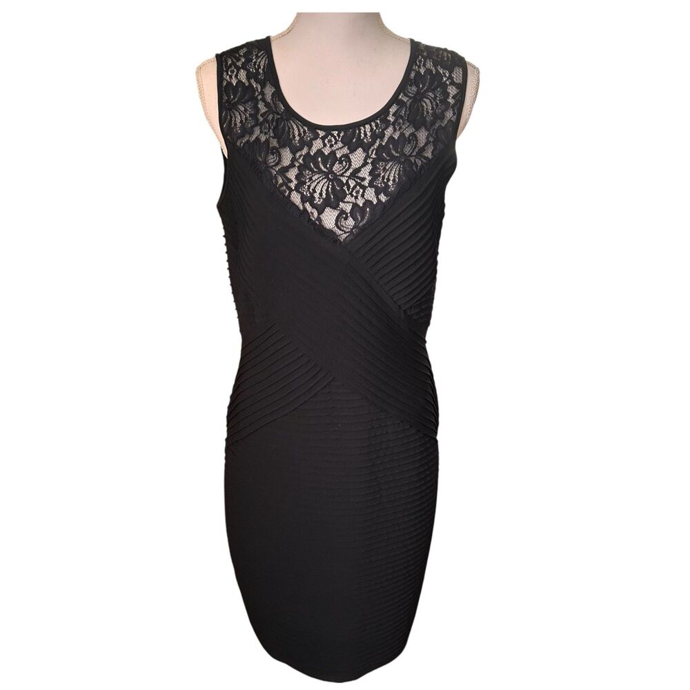 Calvin Klein Black Lace Sheath Dress Pleated Textured Sleeveless Size 12